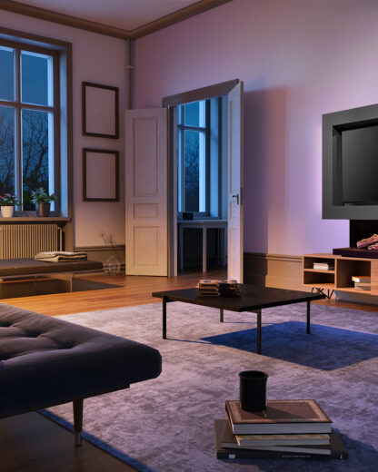 Kalfire E65 media wall evening living room 050324 1800x1200